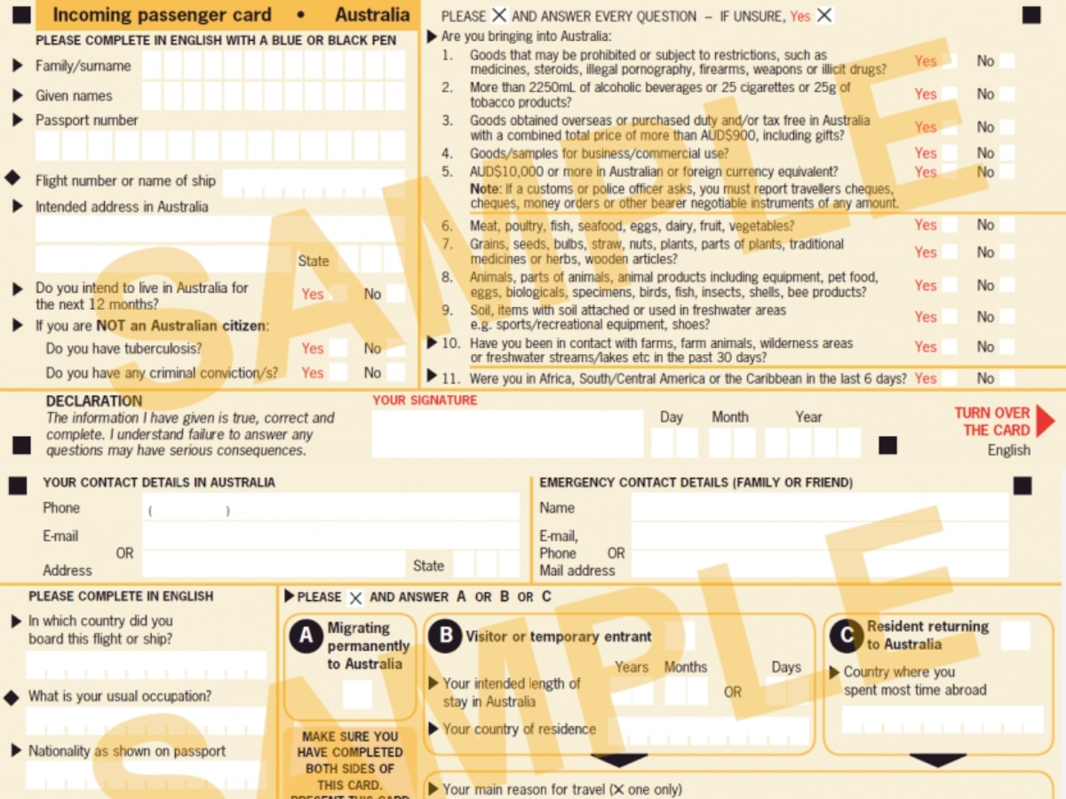 Australia incoming passenger card