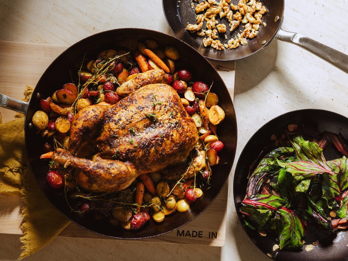 Roast chicken cooked in a Made In Carbon Steel Frying Pan