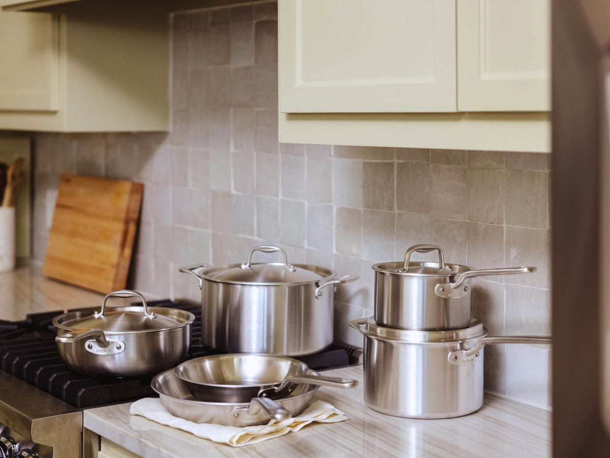 Made In Stainless Clad 10-Piece Cookware Set on a stovetop