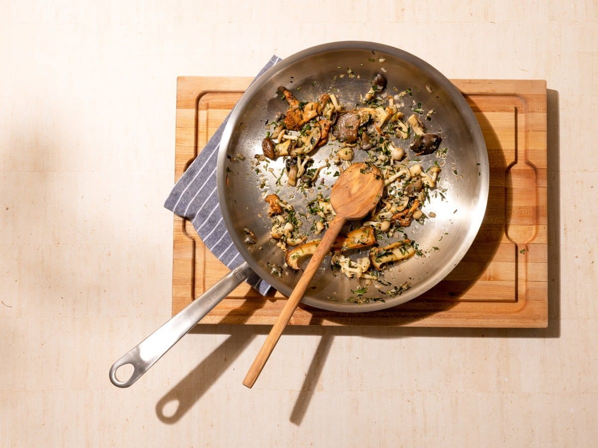 Sautéed mushrooms in a Made In Stainless Clad Frying Pan