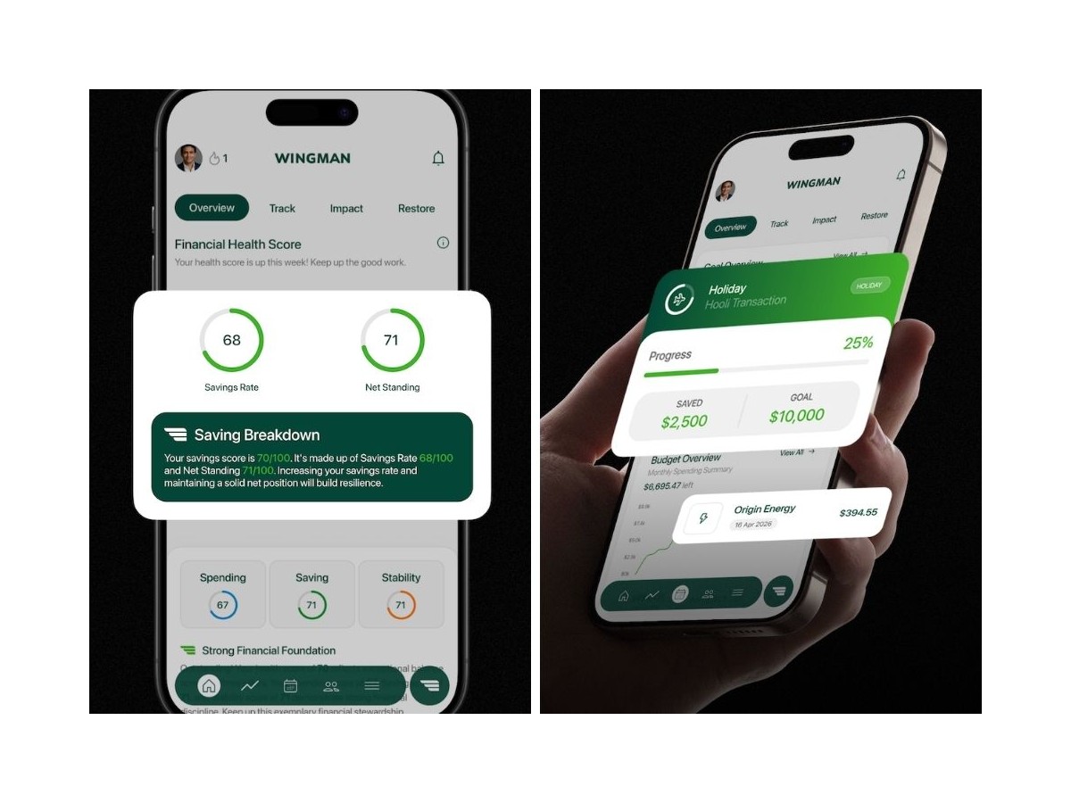 Two Wingman app screens showing a saving breakdown with savings rate and net standing, and a holiday savings goal in progress