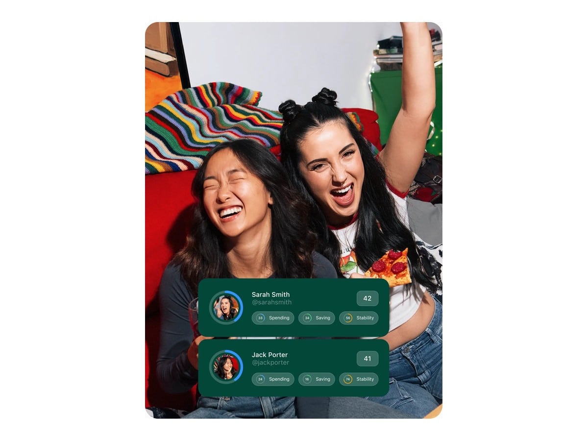 Two friends celebrating beside Wingman leaderboard cards comparing spending, saving and stability scores