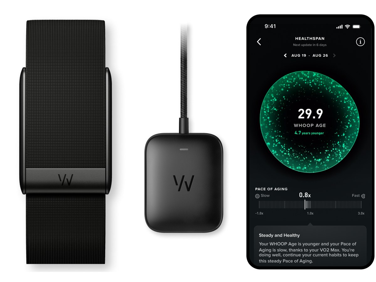 What a WHOOP Peak membership ships with: the 5.0 device, wireless PowerPack and the Healthspan screen