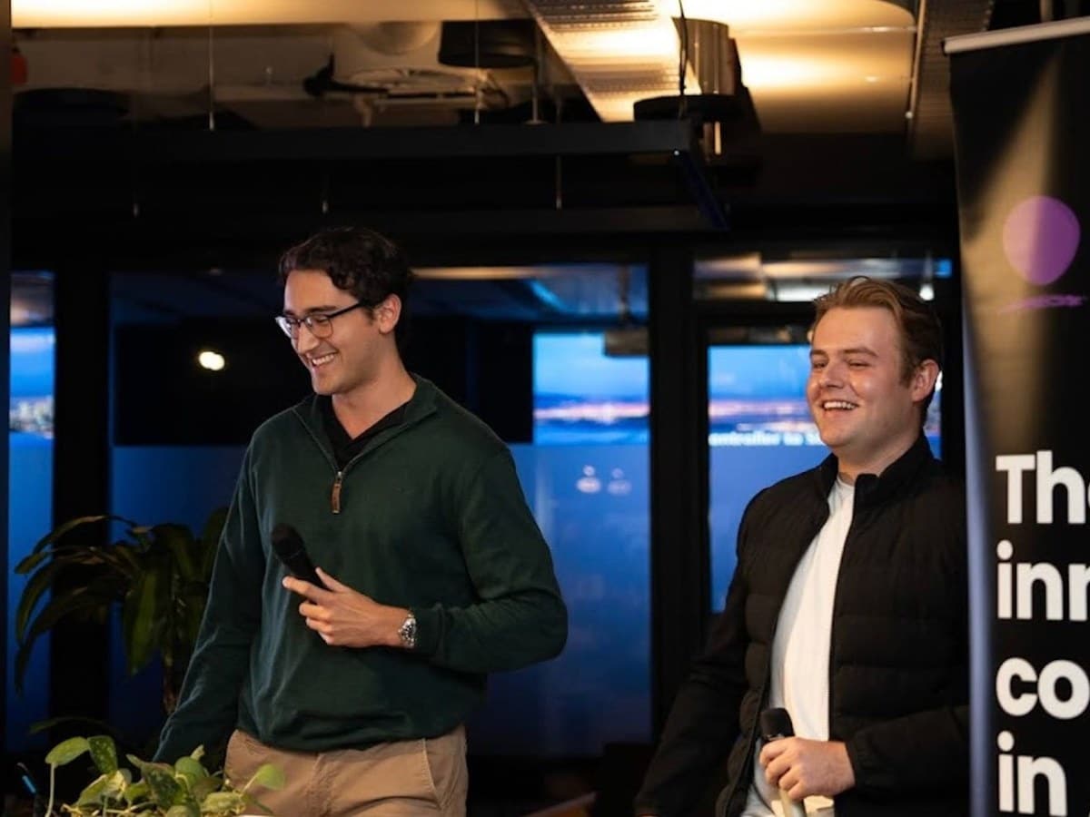 Wingman Money co-founders Sam Holt and Joel Beaton presenting at the Stone and Chalk launch event