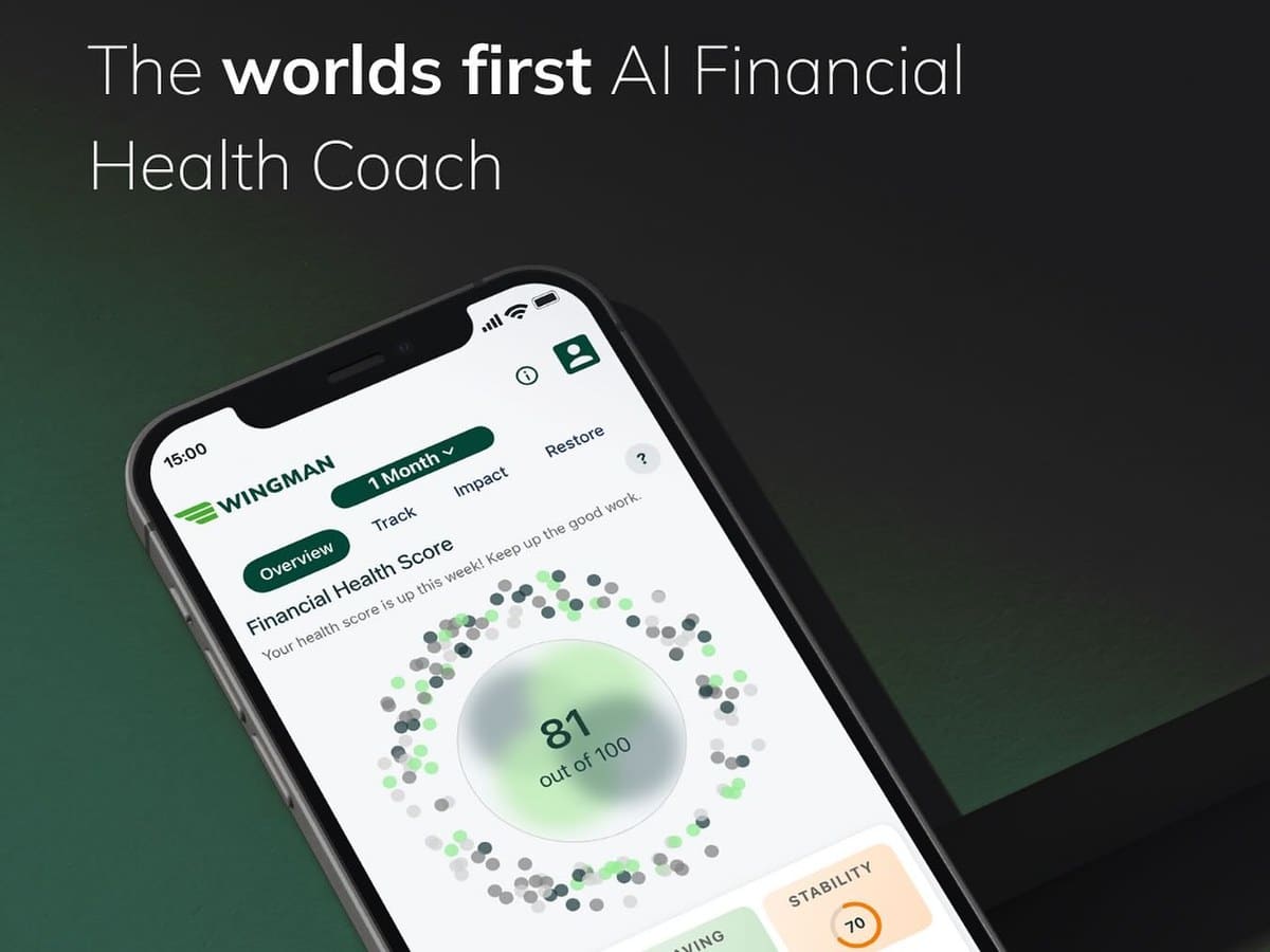 Wingman app on a phone showing a Financial Health Score of 81 out of 100 beneath the headline the worlds first AI financial health coach