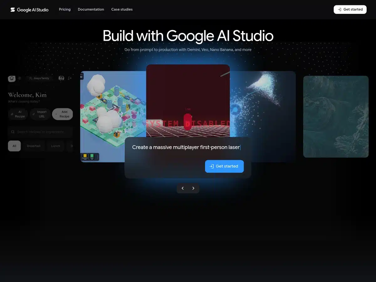Google AI Studio homepage showing example AI built apps and a prompt bar