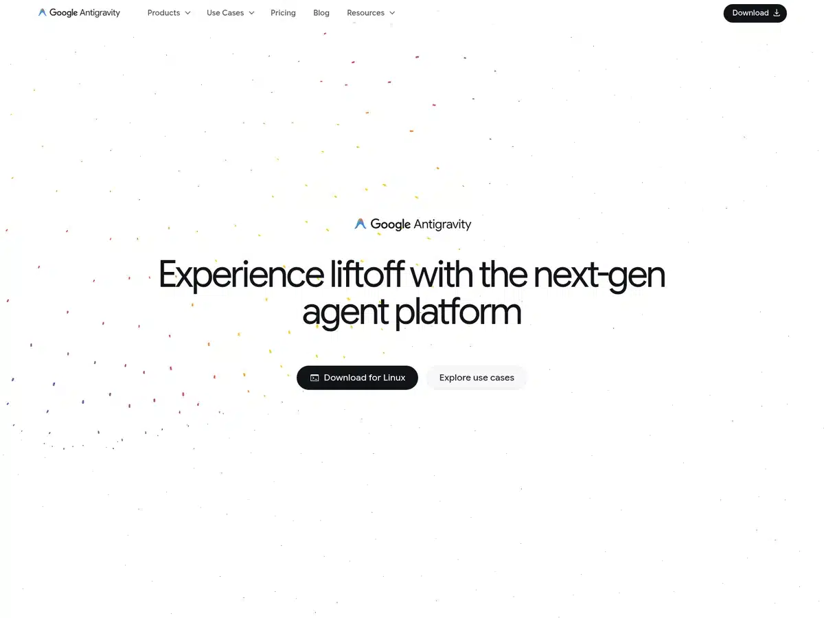 Google Antigravity homepage with the heading Experience liftoff with the next-gen agent platform