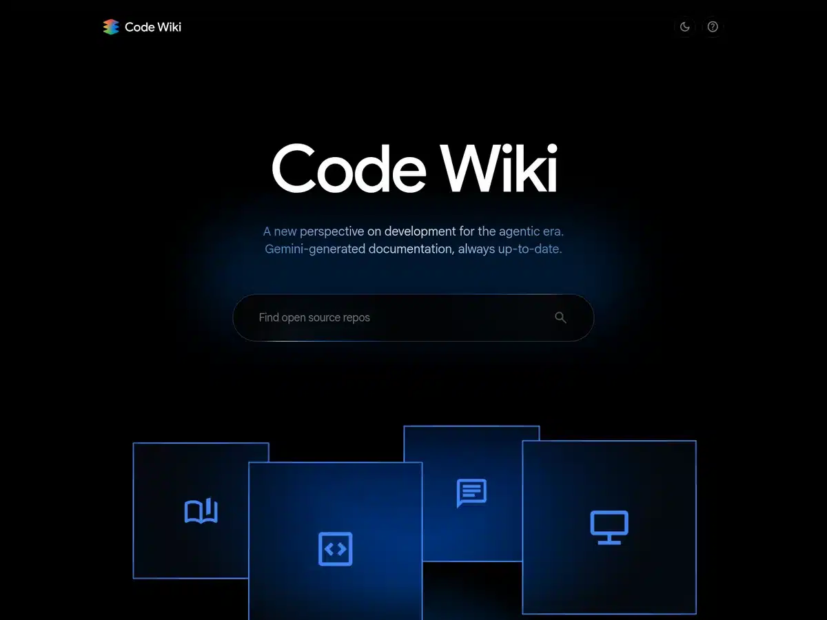 Google Code Wiki homepage with a search bar for open source repositories