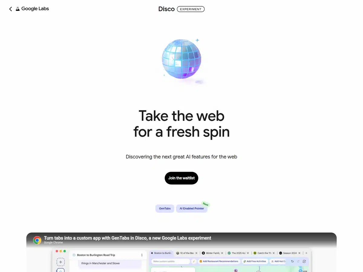 Google Disco experiment page with a mirrorball graphic and a join the waitlist button