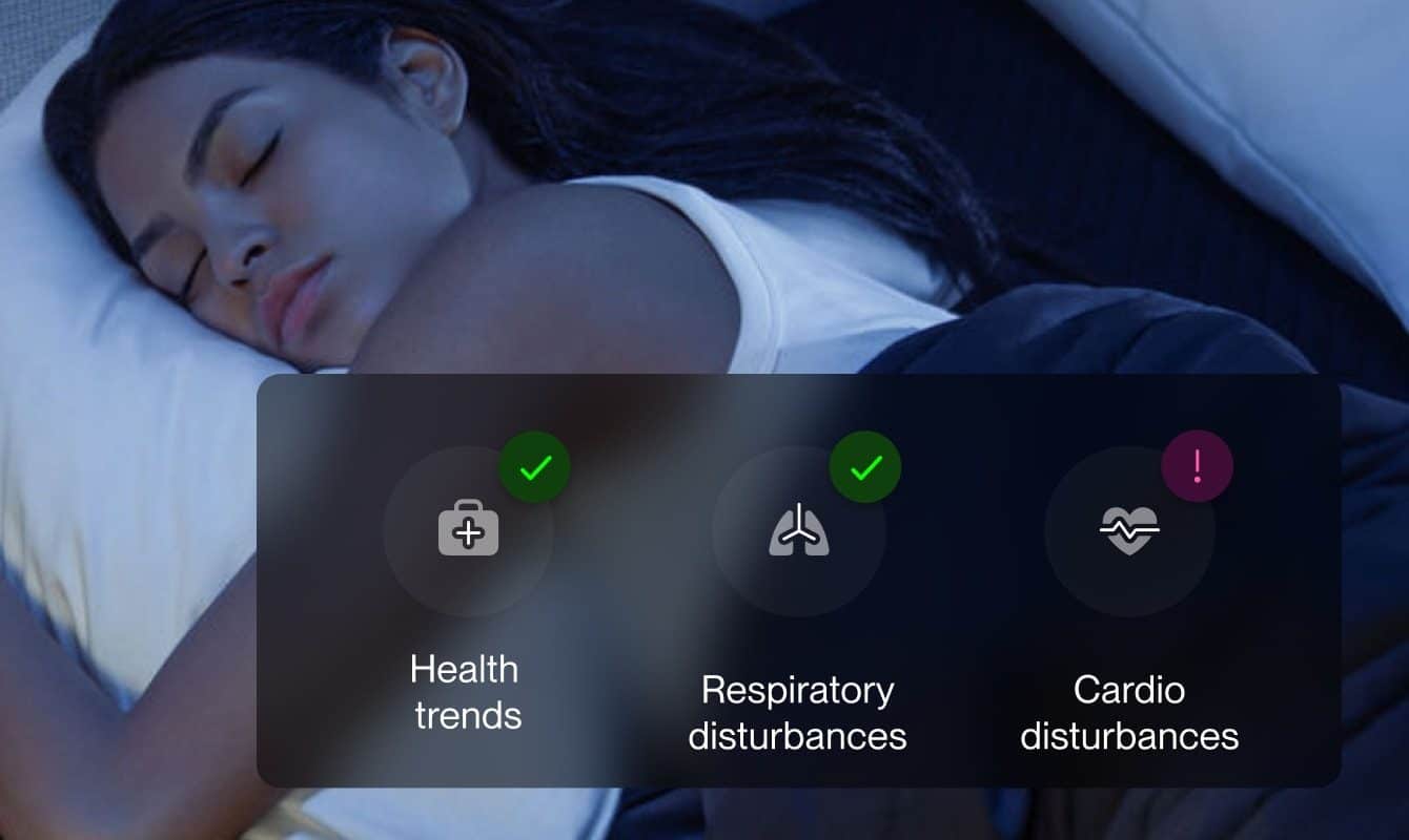 The Eight Sleep app showing sleep and health tracking: health trends, respiratory and cardio disturbances