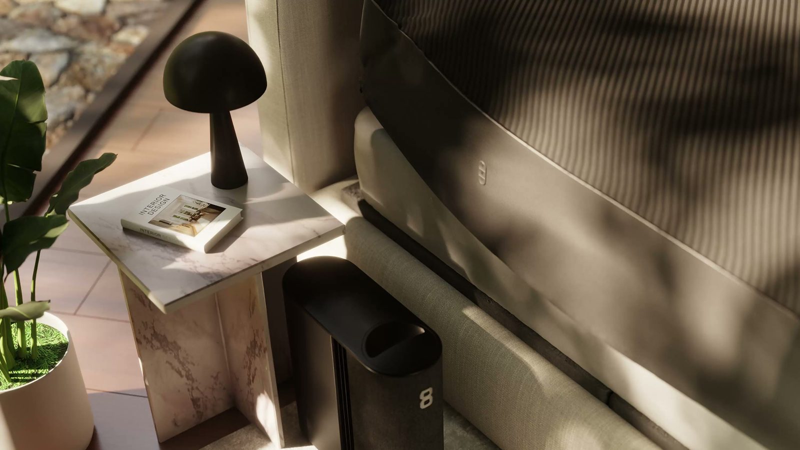 The Eight Sleep Pod 5 Hub, the redesigned unit that heats and cools the bed, on a bedside table
