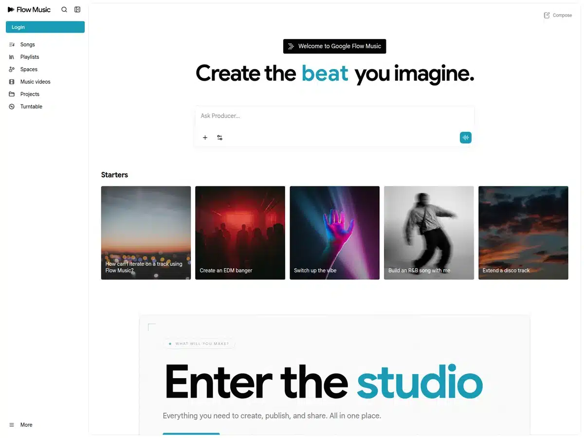 Google Flow Music studio with the heading Create the beat you imagine and starter prompts