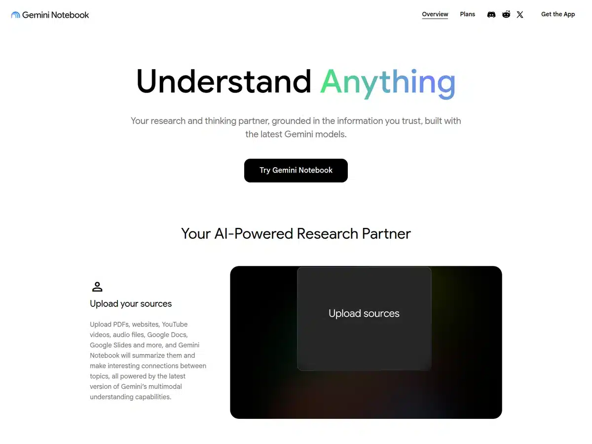 Gemini Notebook homepage with the heading Understand Anything and an upload sources panel