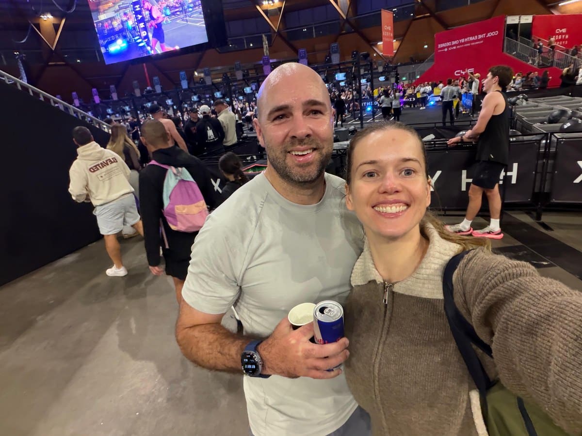 Scott Purcell and his fiancee Jemma inside the HYROX Sydney arena on race day