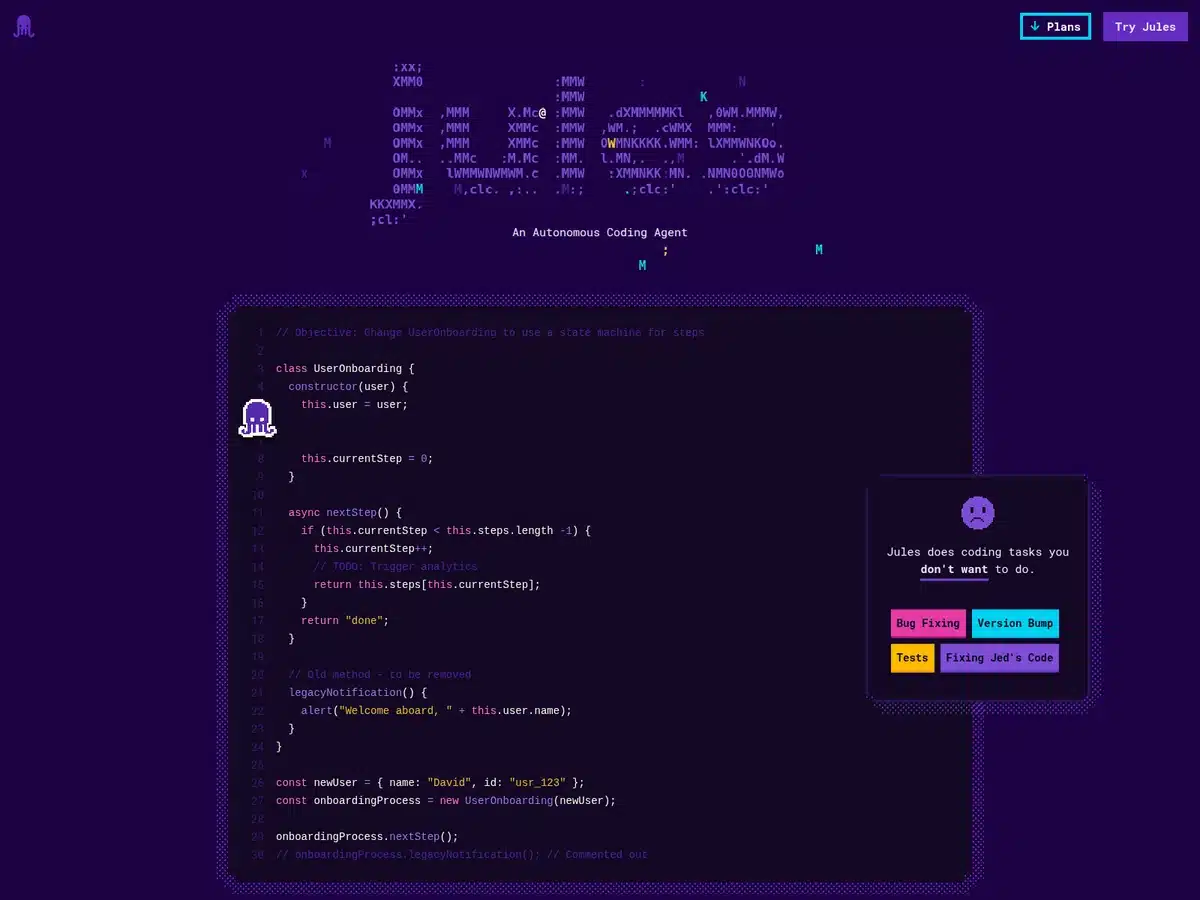 Jules autonomous coding agent interface showing generated code and task cards