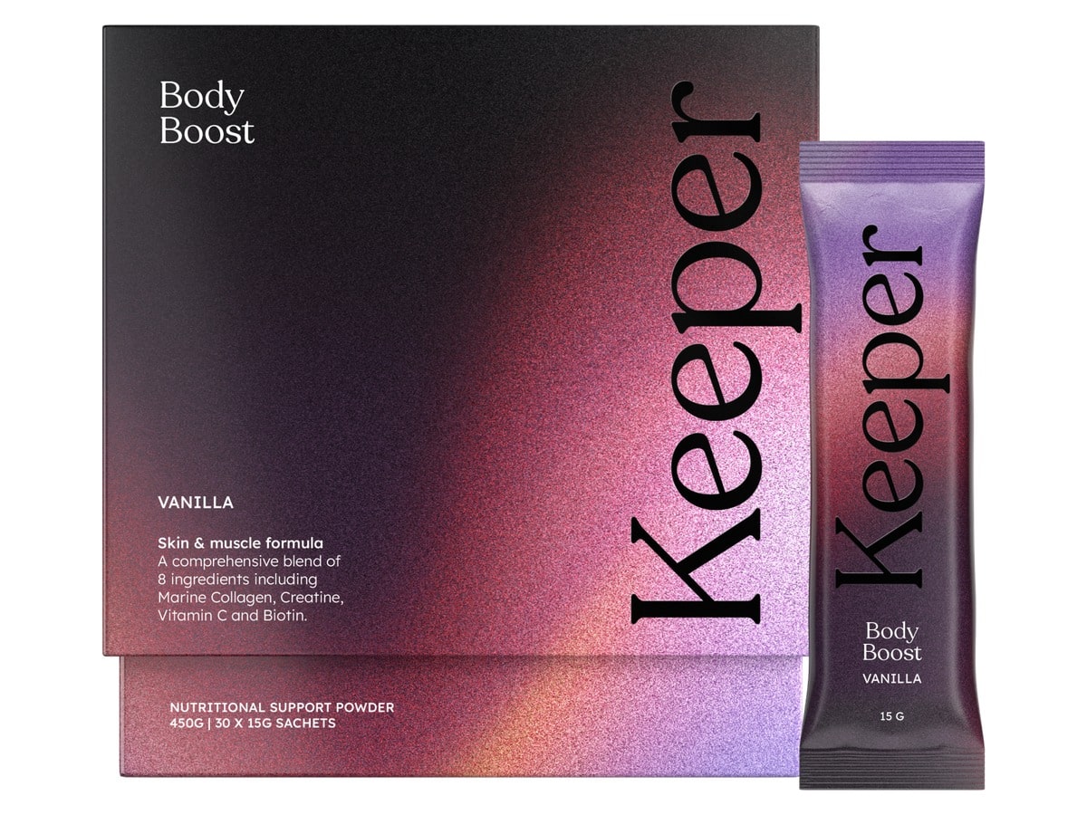 Keeper Health Body Boost vanilla sachet box with a single 15g sachet