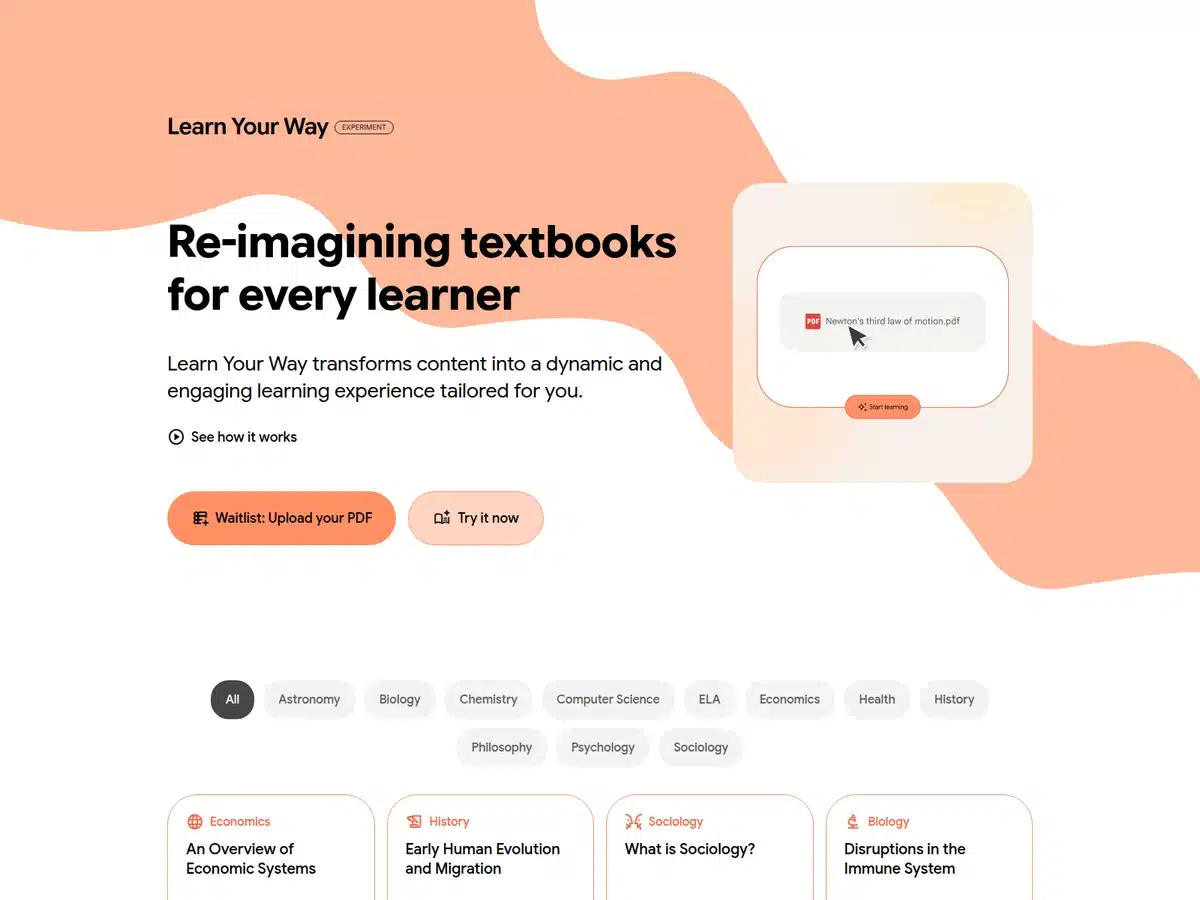 Learn Your Way page showing subject tiles for economics, history, sociology and biology