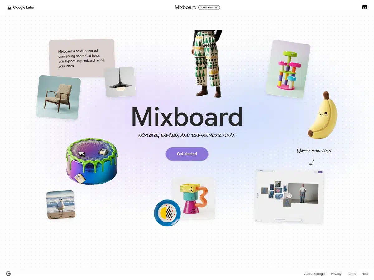 Google Mixboard welcome screen showing an AI generated concept board