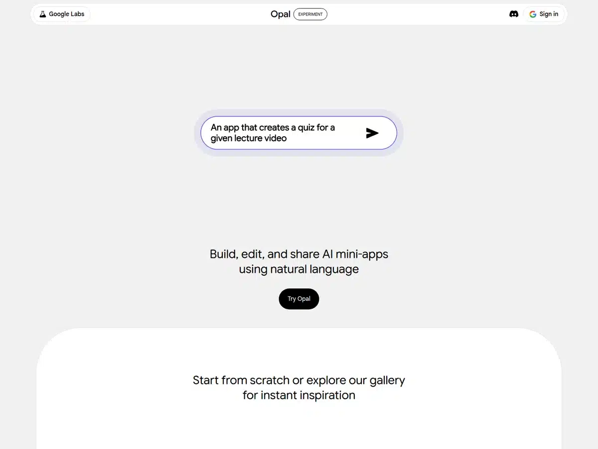 Google Opal landing page showing a prompt that builds an AI mini app from a lecture video