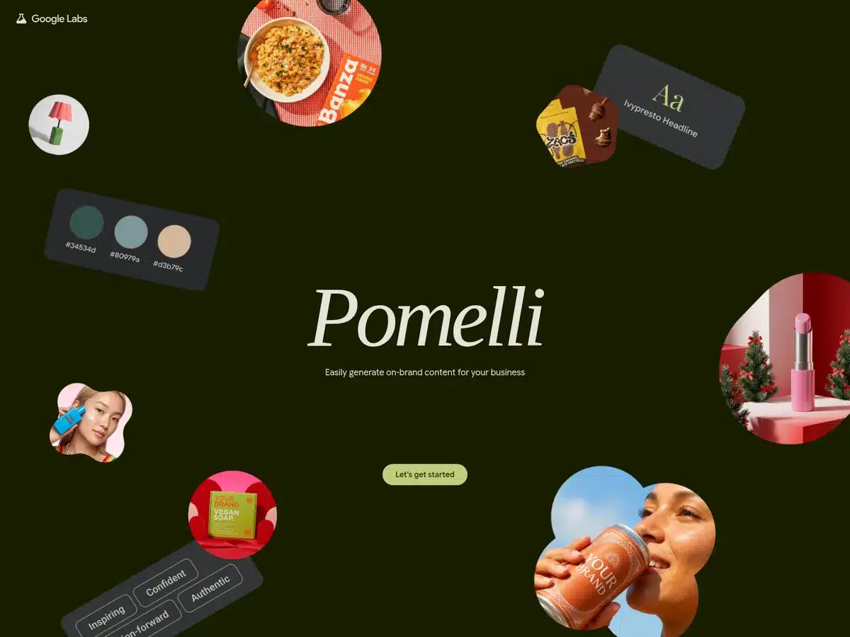 Pomelli by Google Labs landing page showing generated brand assets and an extracted colour palette