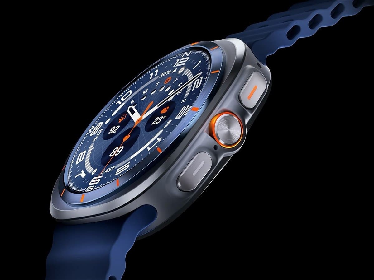Samsung Galaxy Watch Ultra angled view showing titanium case and blue band