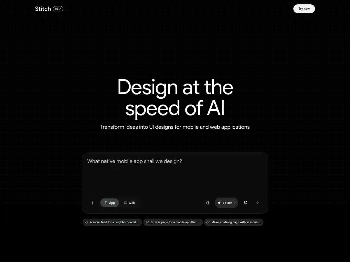 Google Stitch interface with a prompt box asking what native mobile app to design