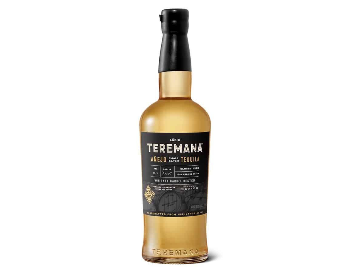 Bottle of Teremana Anejo small batch tequila on a white background
