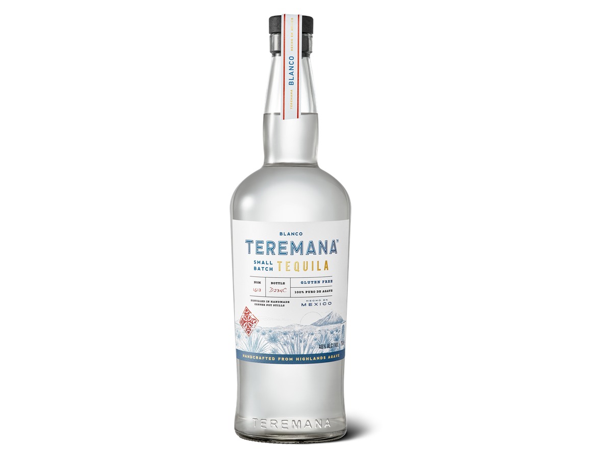 Bottle of Teremana Blanco small batch tequila on a white background
