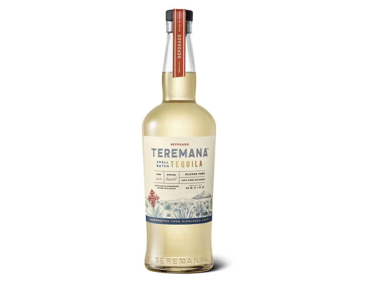 Bottle of Teremana Reposado small batch tequila on a white background