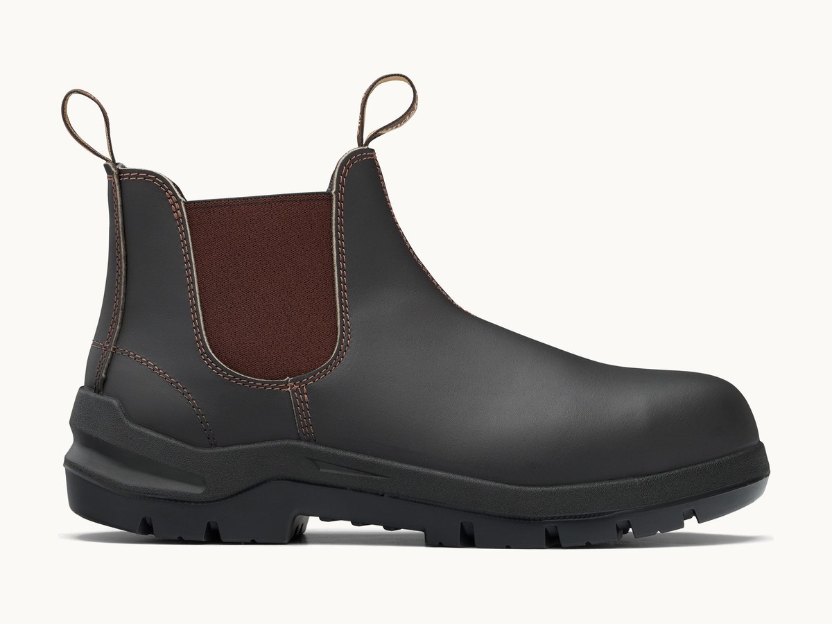 Brown leather Blundstone DuraFit 7508 elastic-sided safety boot with a composite toe cap