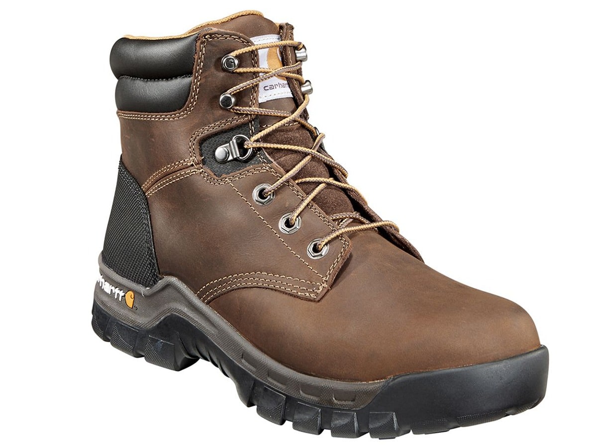 Brown leather work boot with sturdy design and lace-up closure