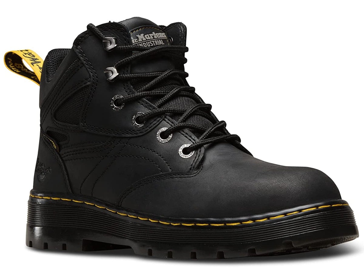 Black mid-calf work boot with yellow pull tab and laces