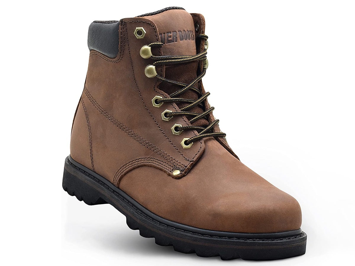 A brown leather work boot with laces and metal eyelets