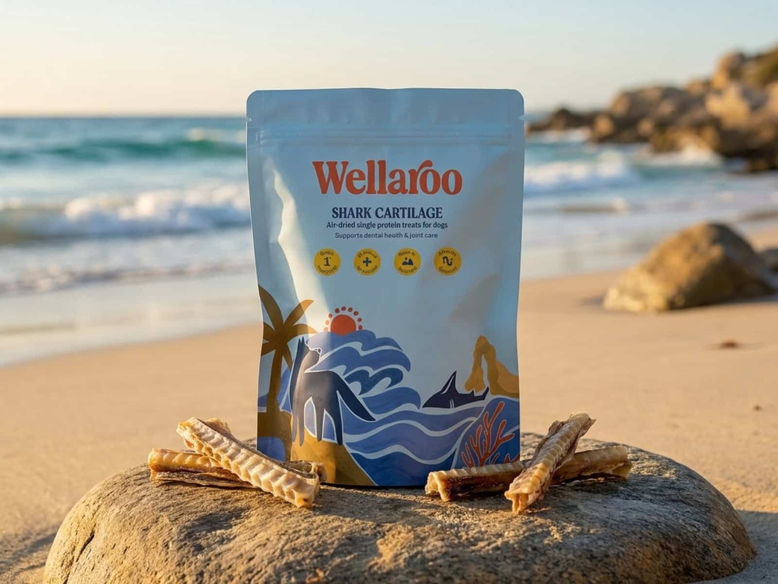 A pack of Wellaroo air-dried Australian shark cartilage dog treats beside a happy dog (2 of 6)