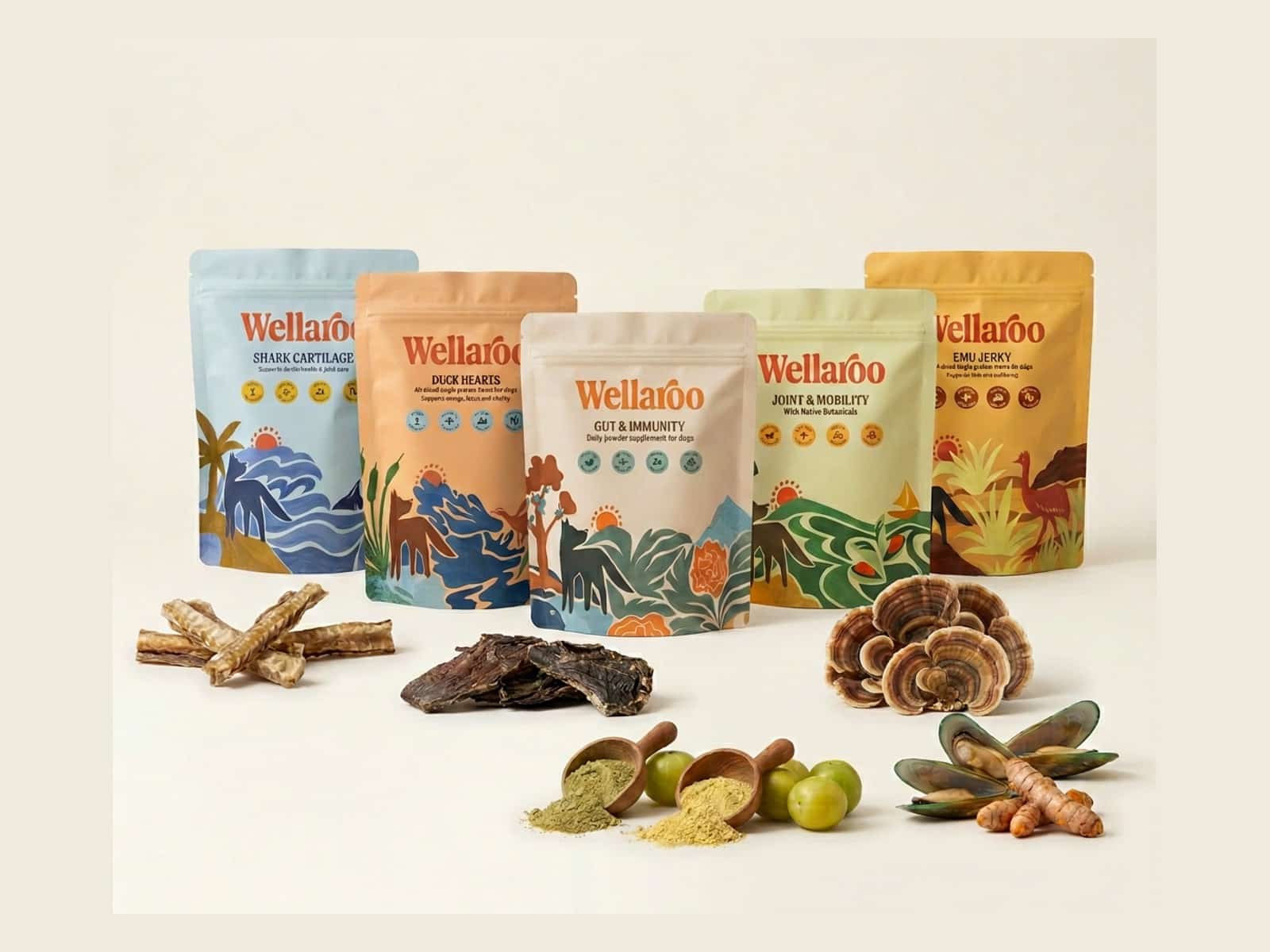 A pack of Wellaroo air-dried Australian shark cartilage dog treats beside a happy dog (5 of 6)