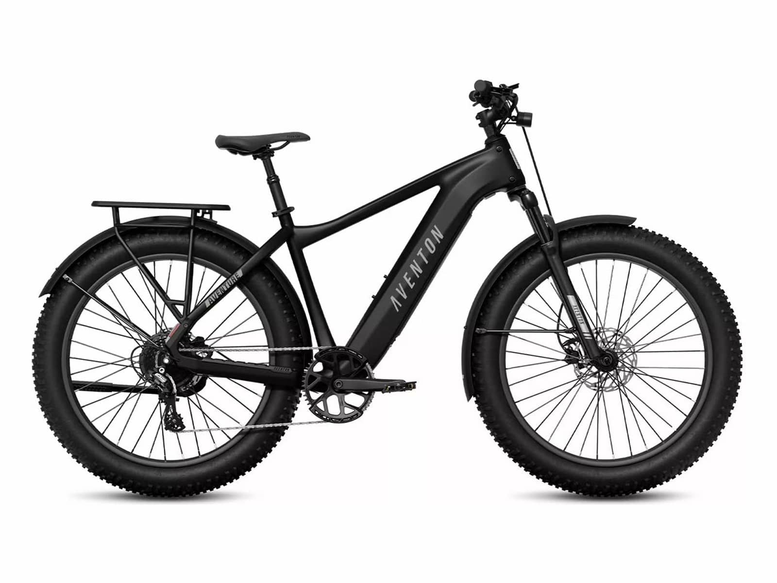 Aventon Aventure 3 off-road electric bike in stealth black with fat tyres and a rear rack