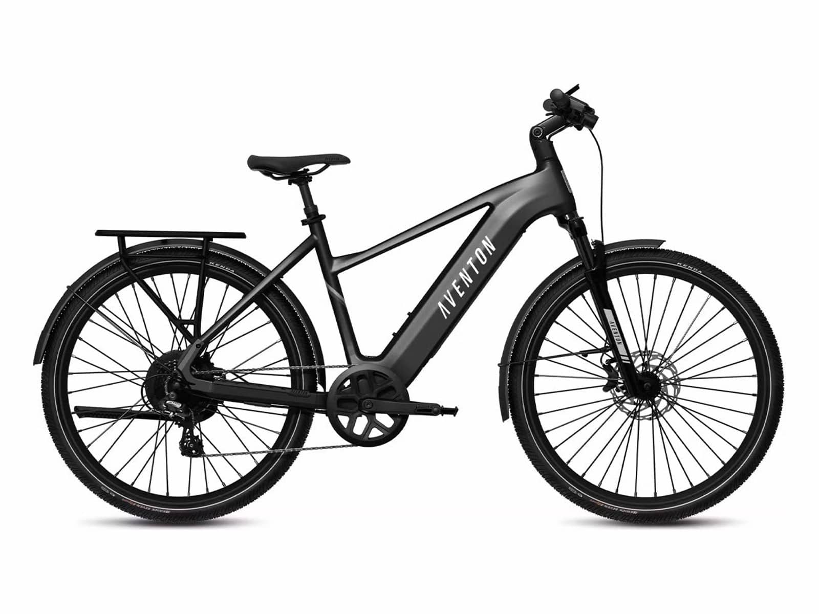 Aventon Level 3 commuter electric bike with mudguards, integrated lights and a rear rack
