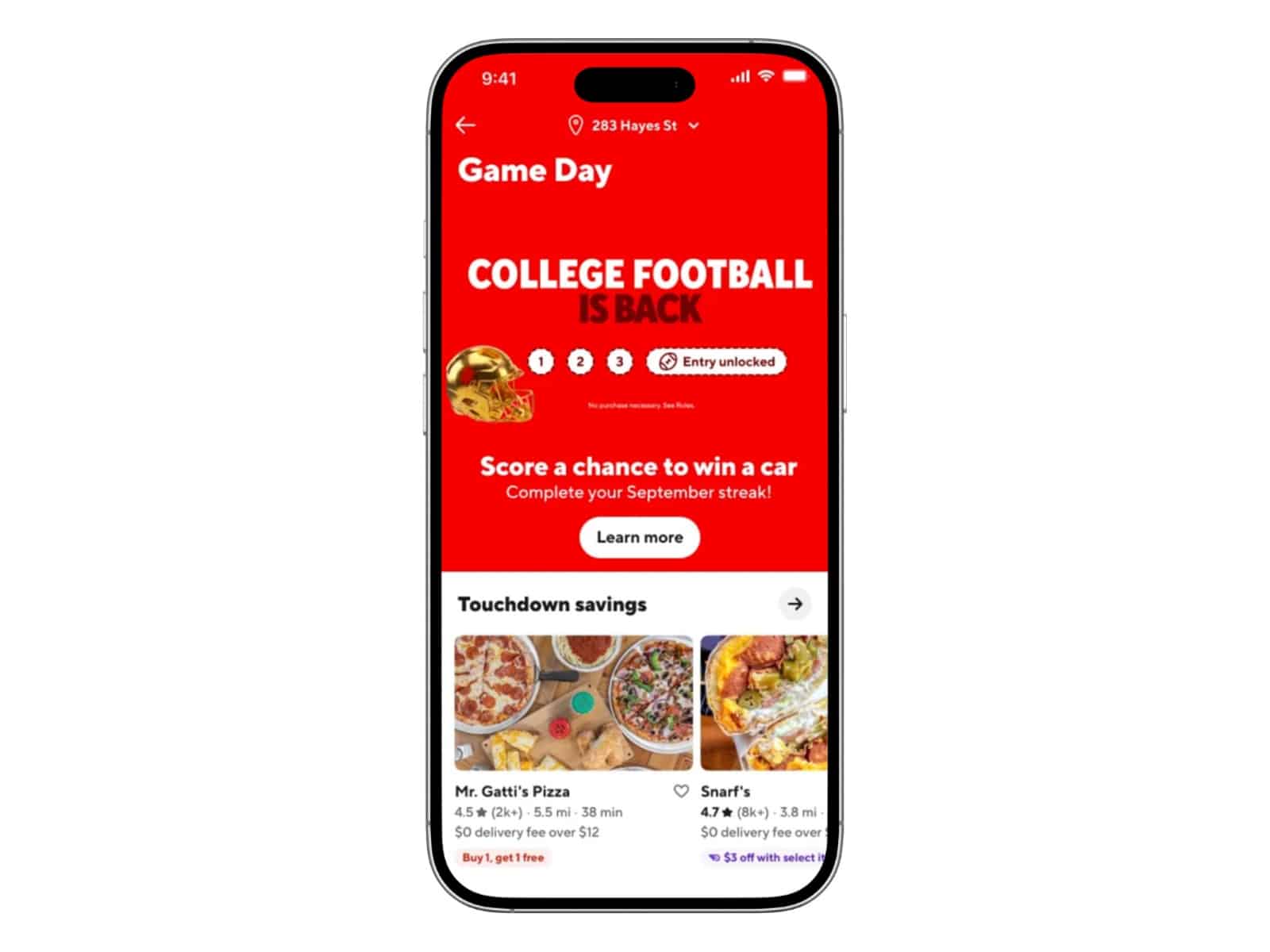 DoorDash Streaks 2026 college football promotion graphic showing the monthly streak milestones.