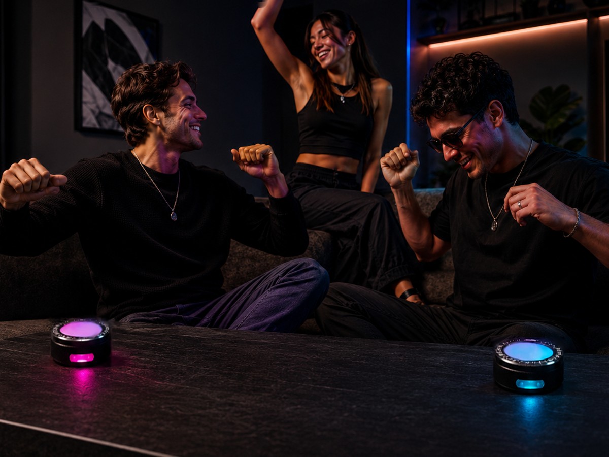 DuoSound speakers glowing pink and blue on a coffee table as three friends listen