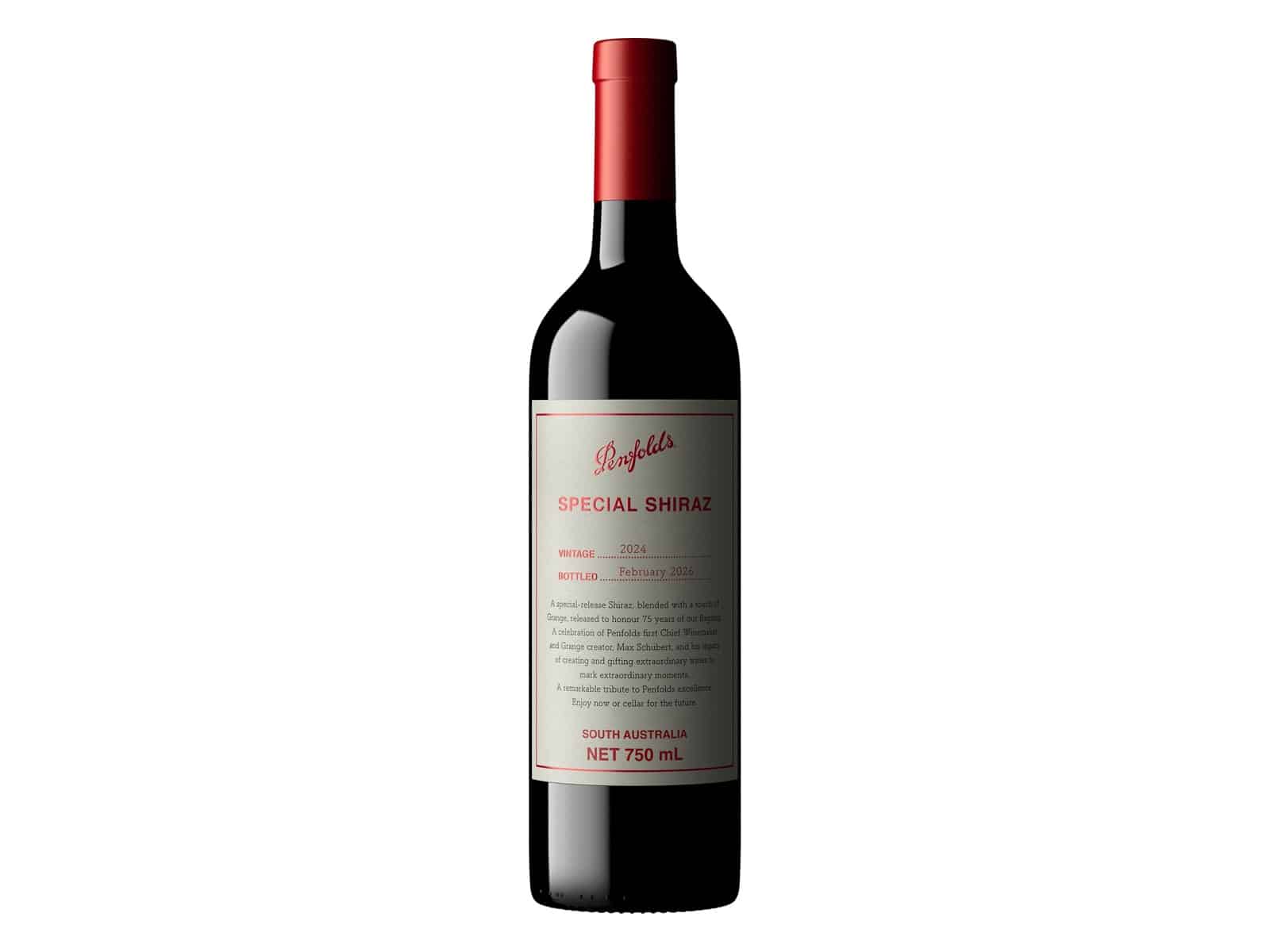Front view of the Penfolds Special Shiraz 2024 bottle on a white background, showing the cream label with the 2024 vintage and February 2026 bottling date.