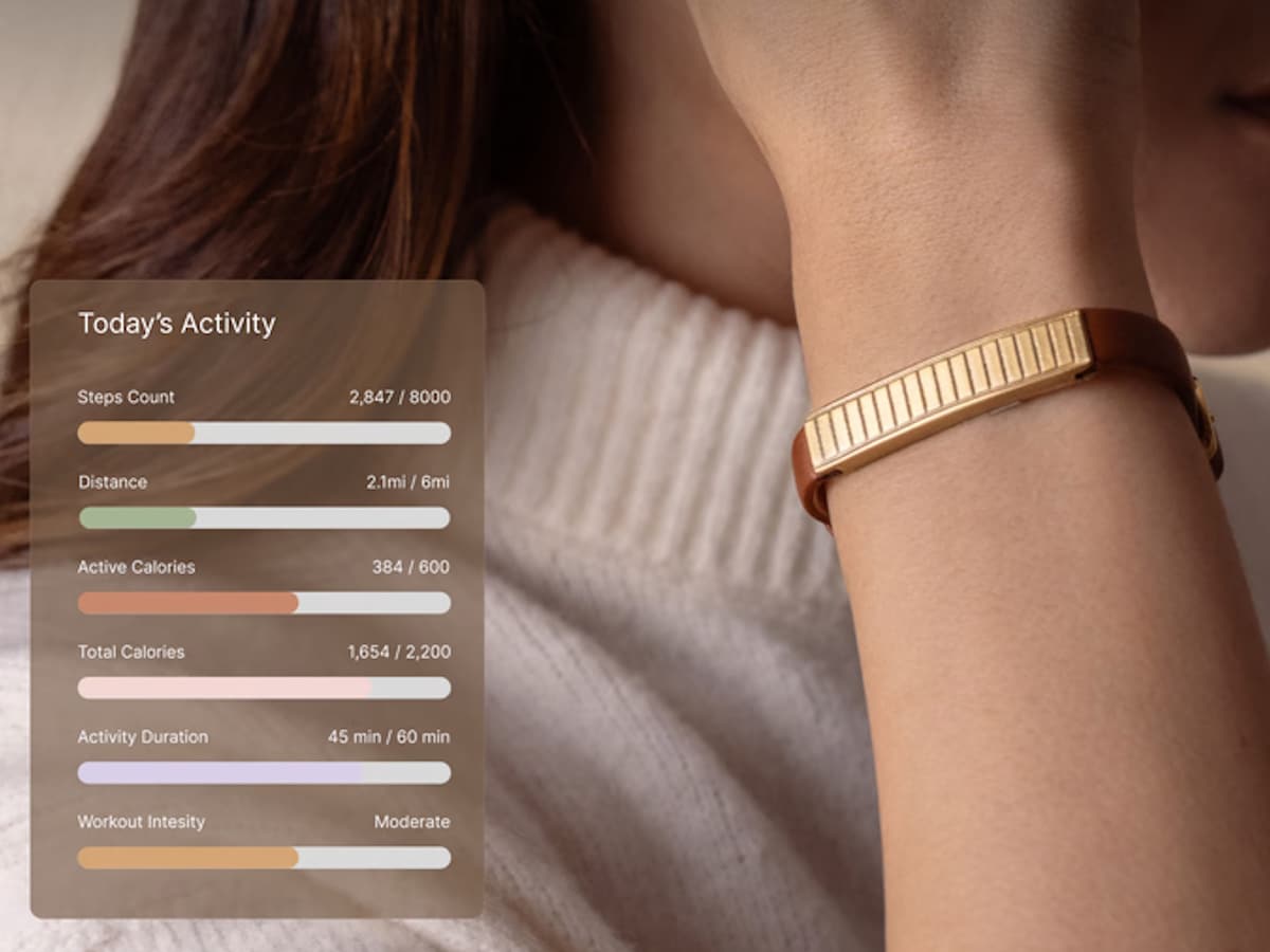 A person wearing the Lumysi Luxury Fitness Bracelet with activity details visible on a screen.