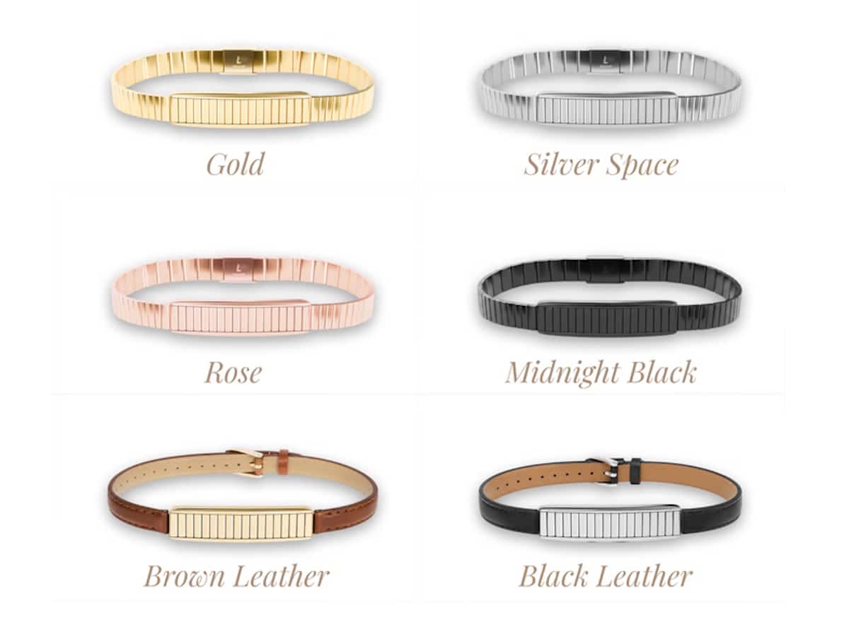 Different colours and materials of Lumysi Luxury Fitness Bracelets arranged in a grid