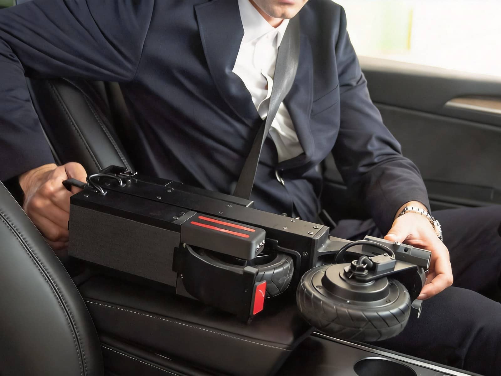 Man in a suit folding the Blizwheel F0.5 scooter across the seat of a car
