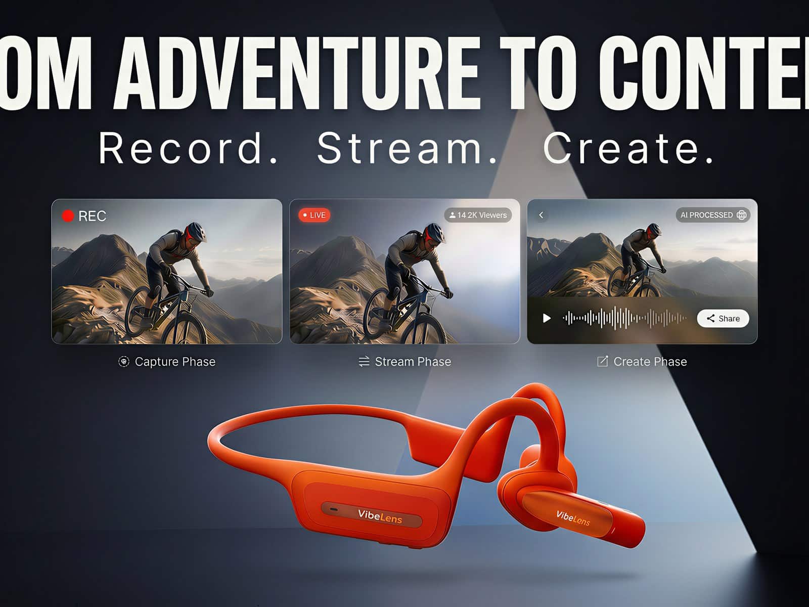 MusicCam Pro Cyclist wearing the MusicCam Pro headset while riding, demonstrating hands-free POV recording