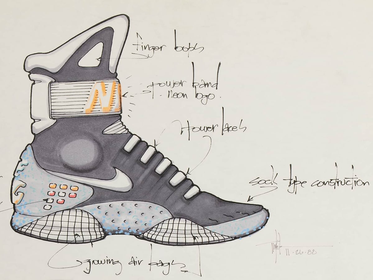 Tinker Hatfield original 1988 design sketch for the Nike MAG annotated with power laces, power band and finger tabs