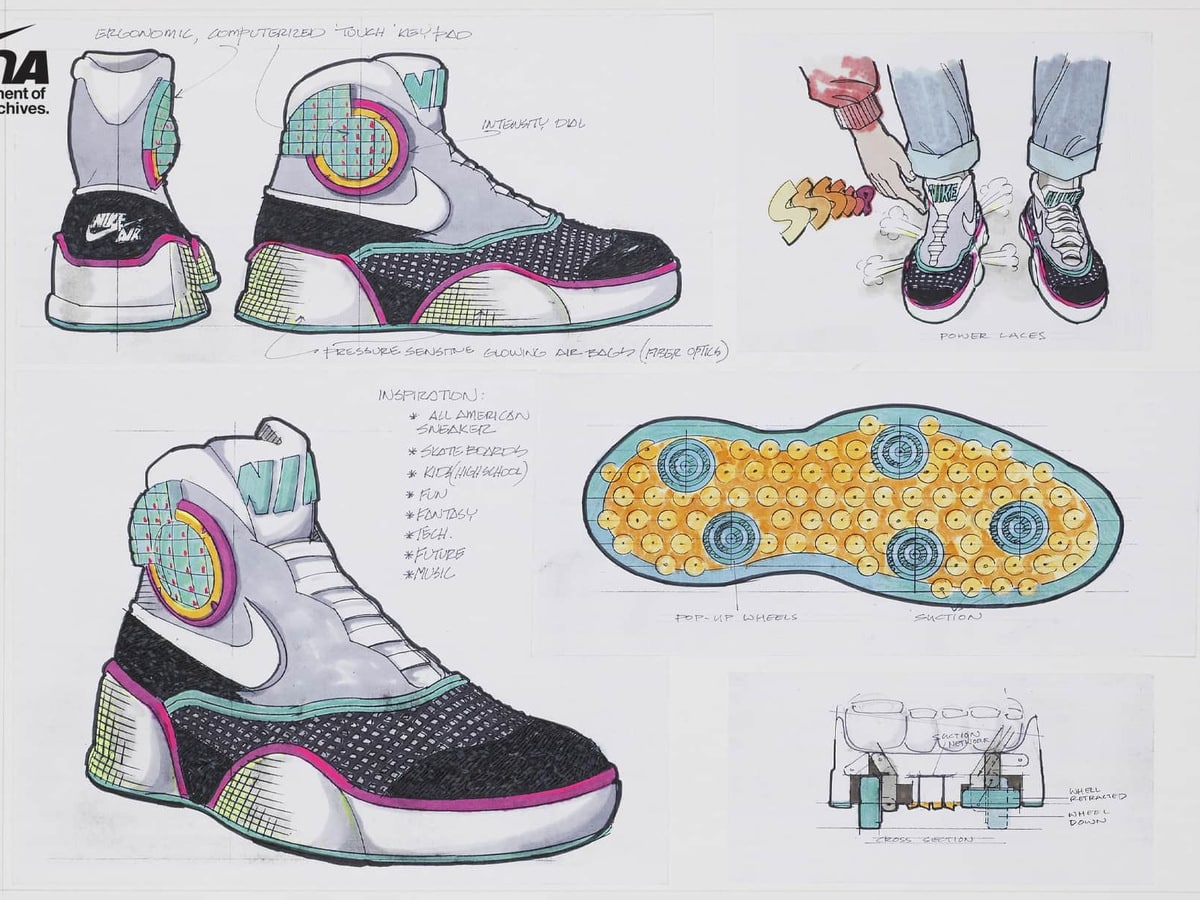 Nike design sketches for a Nike MAG inspired basketball shoe showing power laces and outsole detail