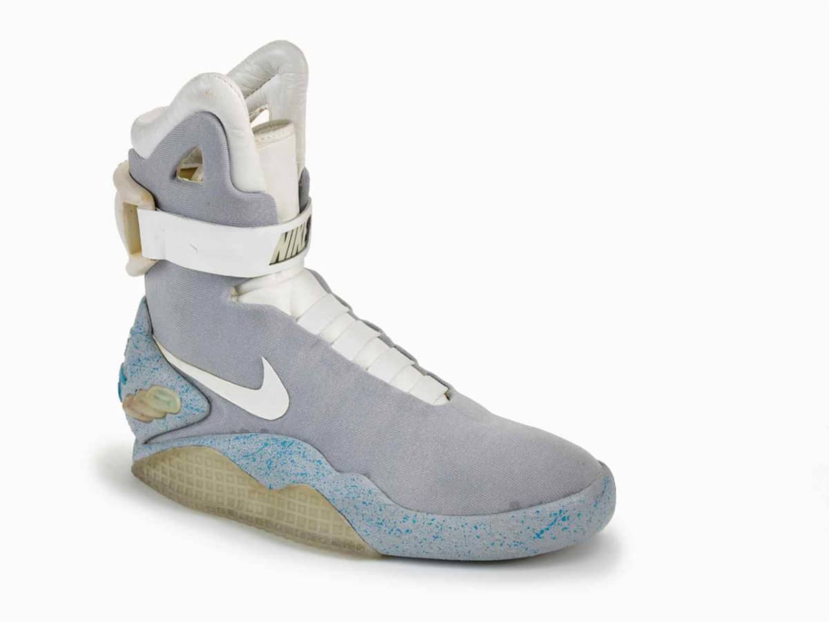 The original 1989 Nike MAG Back to the Future film prop with an aged sole and hand-laced upper