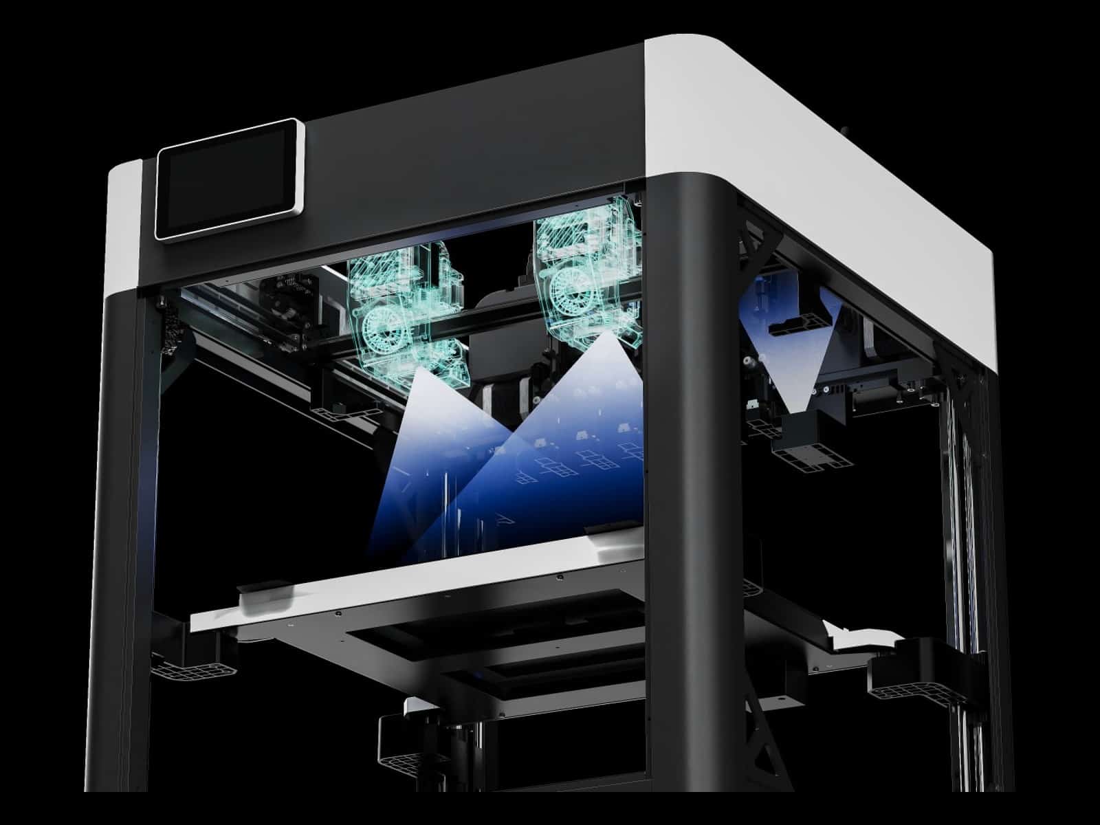 Render of the enclosed M1D interior showing two toolheads on the gantry