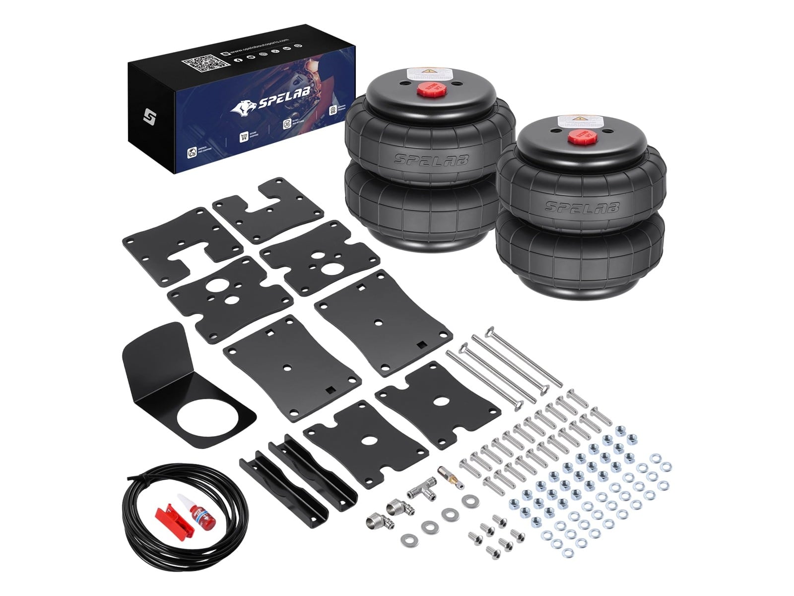SPELAB Rear Air Suspension Kit for 1999-2018 Chevrolet Silverado 1500 and GMC Sierra 1500 laid out with air springs, mounting brackets, air line and hardware.