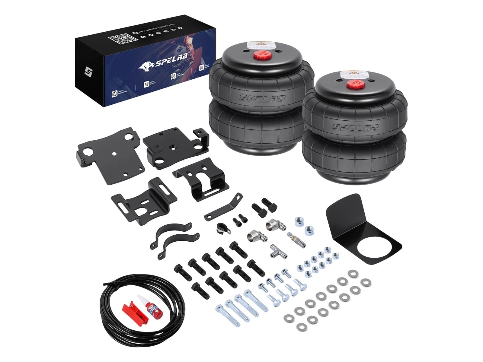 SPELAB Rear Air Suspension Kit for 2001-2010 Chevrolet Silverado 2500HD and GMC Sierra 2500HD laid out with air springs, mounting brackets, air line and hardware.